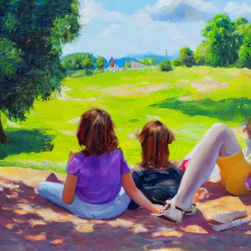 Prompt: Two sisters aged 8 to 9 sitting on the bank, relaxing on a sunny day , oil painting, bright colors, clear day, 8k resolution, maximum detail