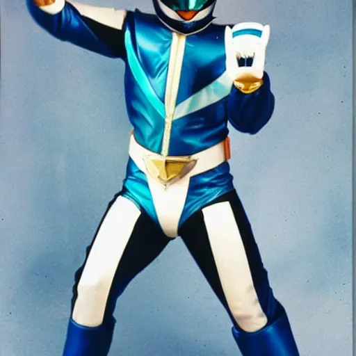 Image similar to a photograph of a power Ranger wearing a dolphin themed blue and white suit, 80s aesthetic