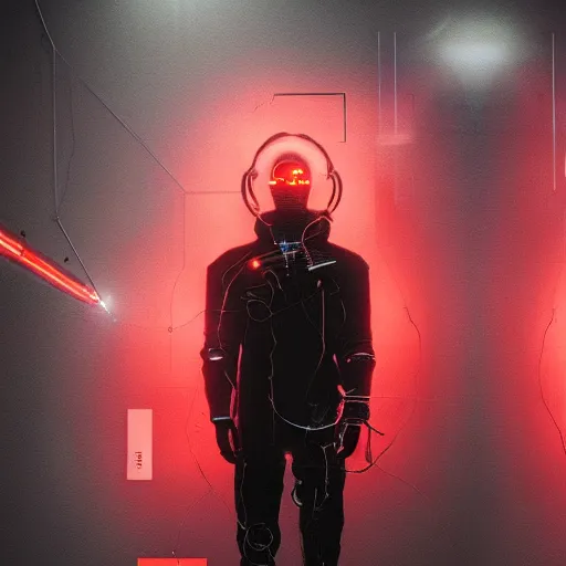 Image similar to a cyborg, cyberpunk, surrounded by smoke, award-winning art, black on red, hyperrealistic, by Sam Spratt, by Vlad Rodrig﻿u﻿e﻿z, computer screens in the background, trending on Artstation, dark, dramatic, cinematic, realistic studio lighting, realistic reflections, realistic light refractions, raytracing, 4k, professional, canon