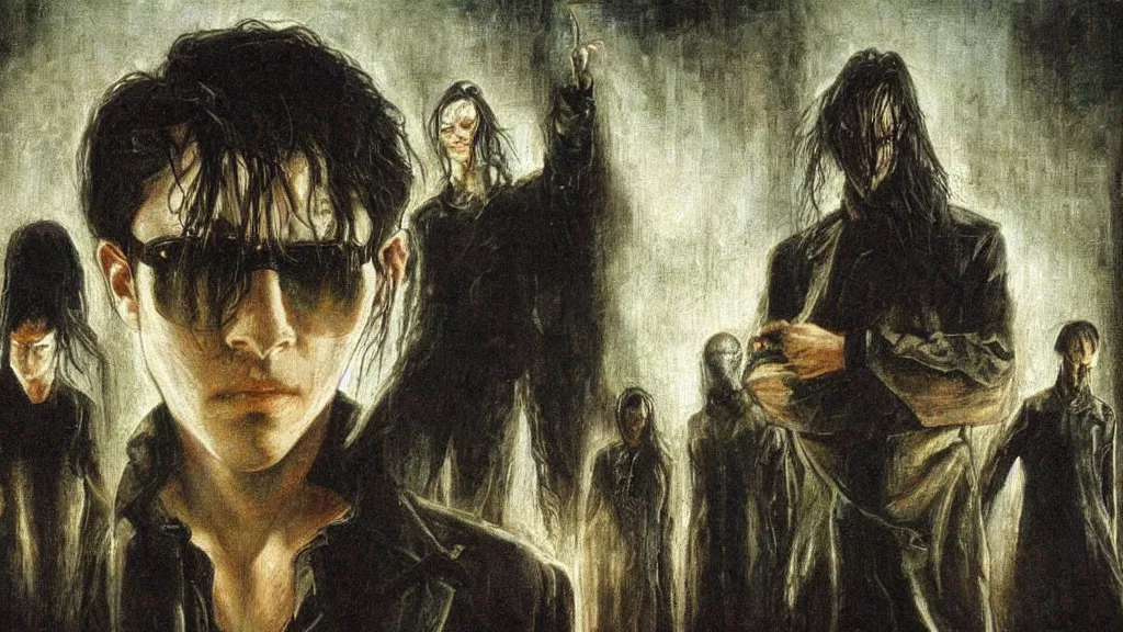 Prompt: an oil painting in the style of alan lee depicting the matrix ( 1 9 9 9 )