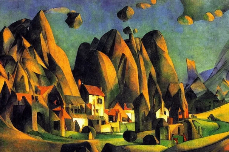 Image similar to a village of stone buildings built on the side of a hill, glowing with silver light, painting by Franz Marc, by Jean-Léon Gérôme, by Winsor McCay, today's featured photograph, 16K