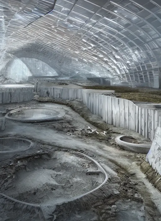 Image similar to art exhibition, architecture installation in biennale venezia, bioremediation white mining tailing futuristic horizontal architecture, epic, cinematic, hyperealistic, high detailed, corona render, hdr, ray tracing