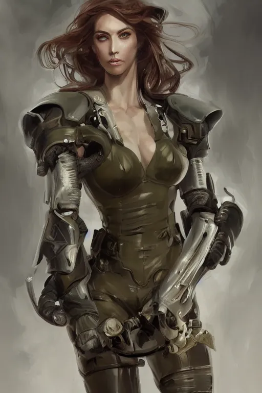 Image similar to a professionally painted portrait of an attractive young woman, clothed in military armor, olive skin, long dark hair, beautiful bone structure, symmetrical facial features, intricate, elegant, digital painting, trending on Artstation, concept art, smooth, sharp focus, illustration, from Metal Gear by Ruan Jia and Mandy Jurgens and Artgerm and William-Adolphe Bouguerea, award winning