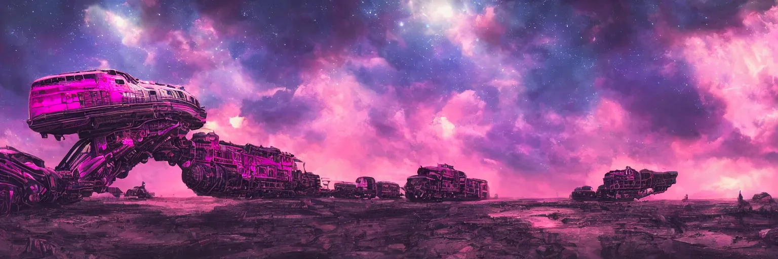 Prompt: hyperdetailed illustration, big punk face, big dog face, stars, dark, pink, big train in space, pirate neon ship, neon, oil painting, rich deep colors masterpiece, ultra detailed, contrast, heaven pink, clouds, volumetric light, atmospheric lighting, dramatic, cinematic, moody, octane render 4 k, 8 k