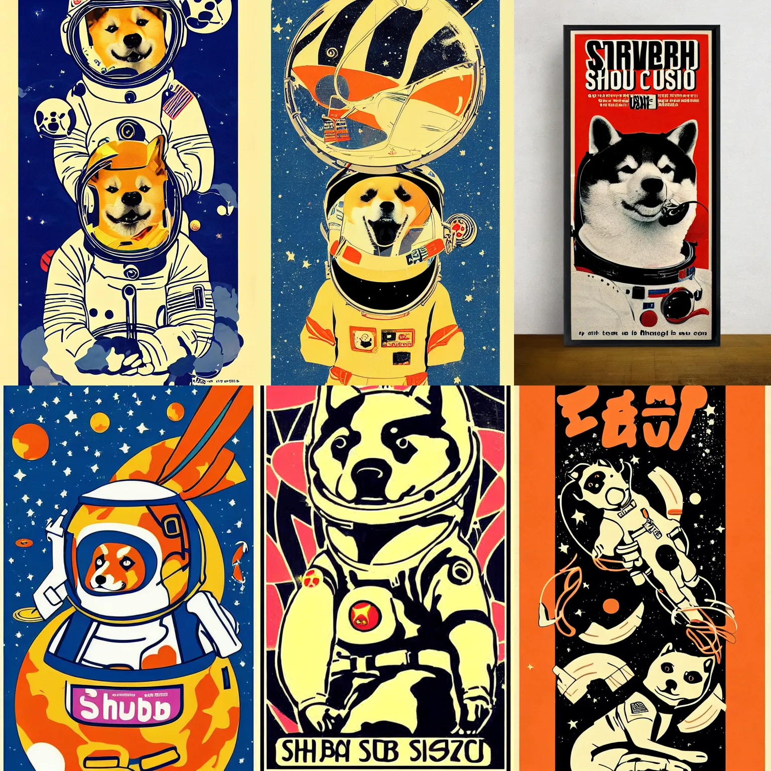 Image similar to Shiba Inu cosmonaut, 60s poster, in the style of a music poster 1968