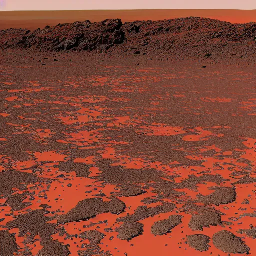 Image similar to Prehistoric Martian landscape, greenery, ocean scene, iron-rich soil on Mars