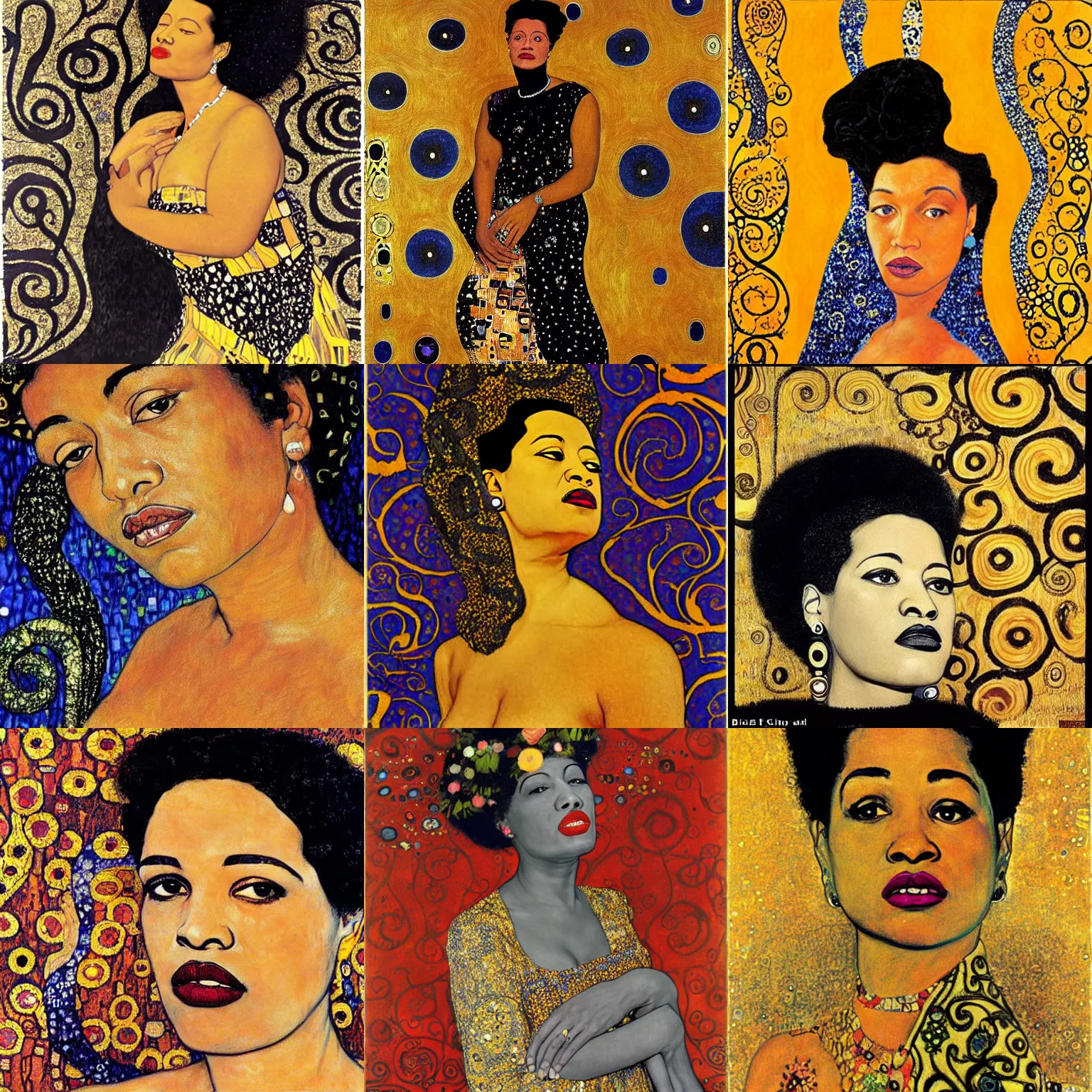 Prompt: Official portrait of billie holiday by gustav klimt in the style of art nouveau, masterpiece