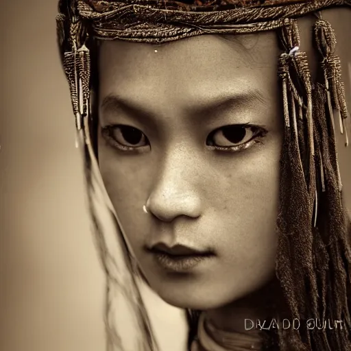 Image similar to vintage portrait of a stunningly beautiful asian tribal female, depth of field, zeiss lens, detailed, symmetrical, centered, fashion photoshoot, by edward s curtis, Annie Leibovitz and Steve McCurry, David Lazar, Jimmy Nelsson, Breathtaking, 8k resolution, extremely detailed, beautiful, establishing shot, artistic, hyperrealistic, beautiful face, octane render