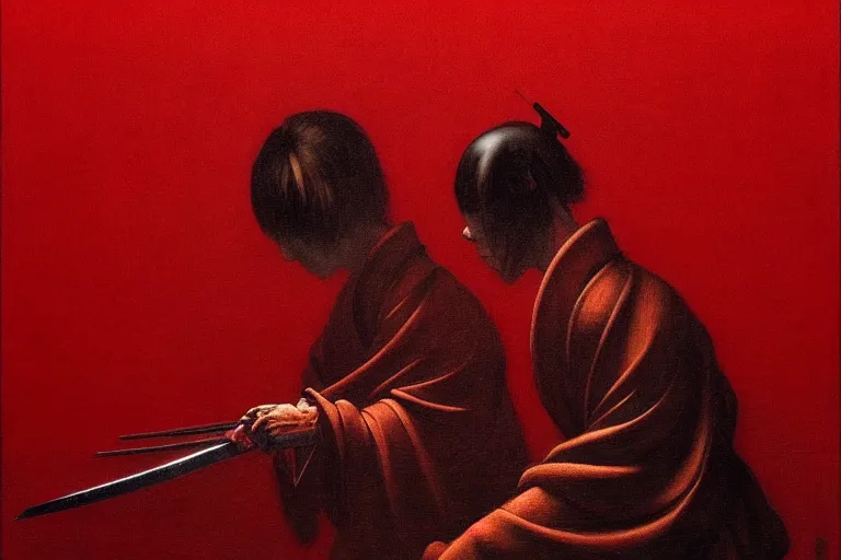 Image similar to only with red, a red samurai harakiri, tokio, a lot of frogs watch, in the style of beksinski, parts by edward hopper, parts by rodcenko, parts by yue minjun, intricate and epic composition, red by caravaggio, insanely quality, highly detailed, masterpiece, red light, artstation, 4 k