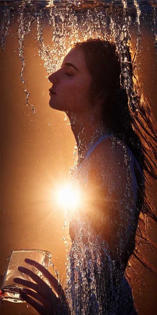 Prompt: portrait of woman drinking water during sunrise, sunrays, flowing fabrics, caustics, rippling water, photoshoot, flowing hair, haunting, iconic, fine-art, masterpiece, trending on artstation