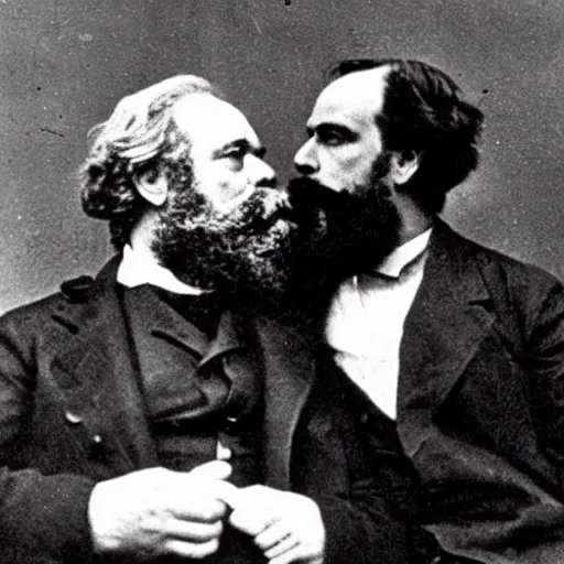 Prompt: Karl Marx and Nietzsche kissing, bedroom background, photo, 1920