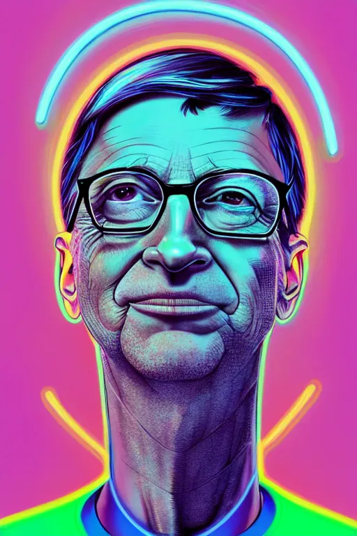 Image similar to a award winning half body portrait of a bill gates with stunning eyes in a croptop and cargo pants with rainbow colored hair, outlined by whirling illuminated neon lines and fine lines swirling in circles by jesper ejsing and rhads and makoto and shinkai and lois van baarle, digital art, trending on artstation