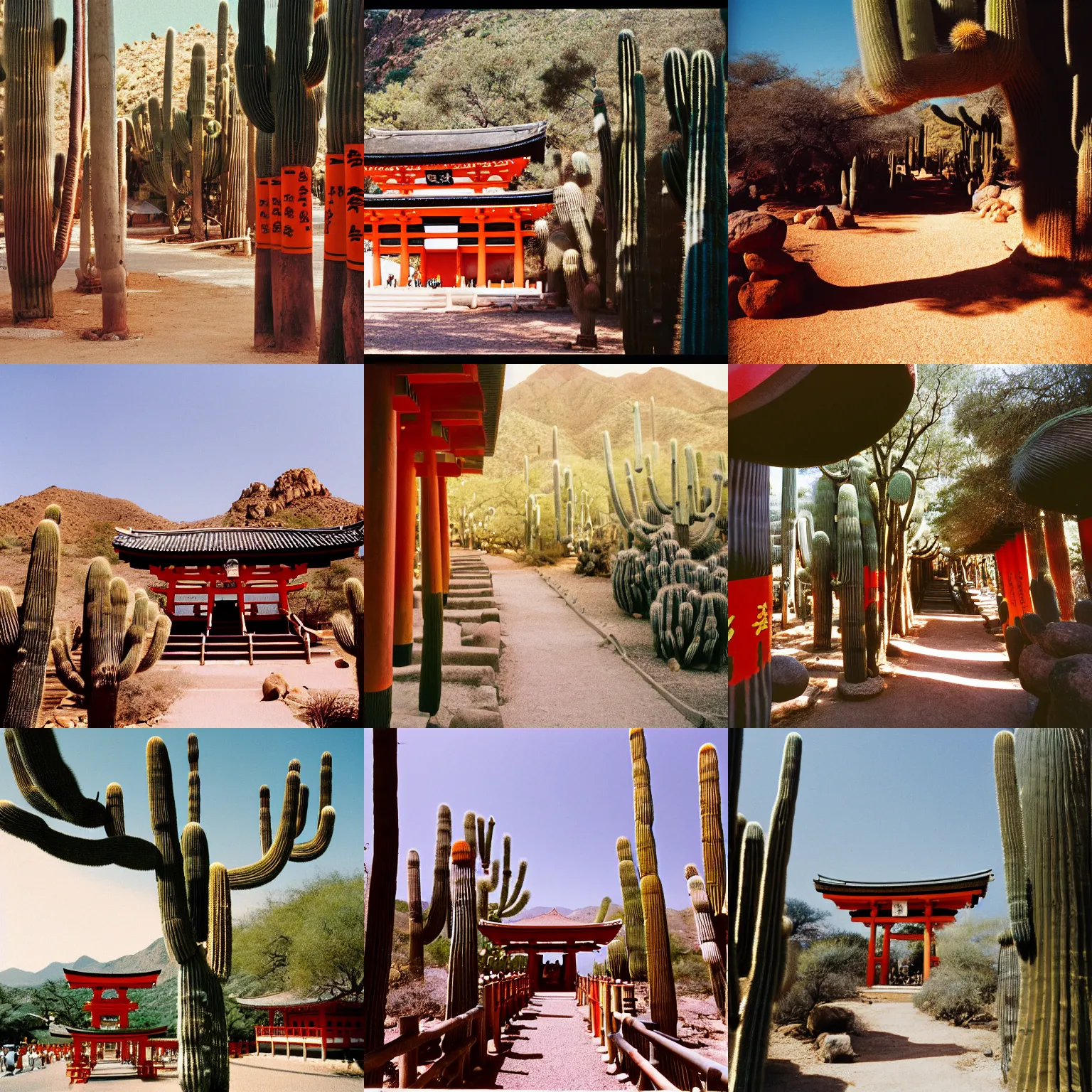 Prompt: fushimi inari taisha shinto shrine (jinja) in the desert southwest, small saguaro cactus visible, late morning, kodak gold 200, film grain, perspective correction, depth of field