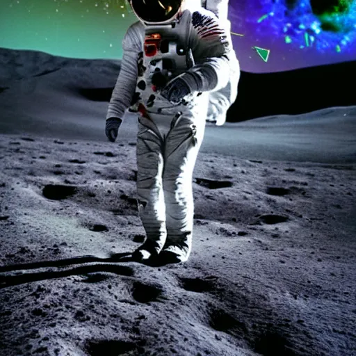 Image similar to Timothy Leary walking on the moon reaching out to the edge of the universe to the cliff of existence, vray render, cinematic quality, intricate complexity, high octane