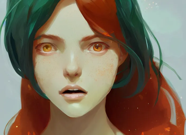 Image similar to portrait of a beautiful smiling girl with orange hair and freckles, green eyes, detailed facial features, beautiful face, digital painting, artstation, highly detailed, by makoto shinkai and thomas kindle and James gilleard