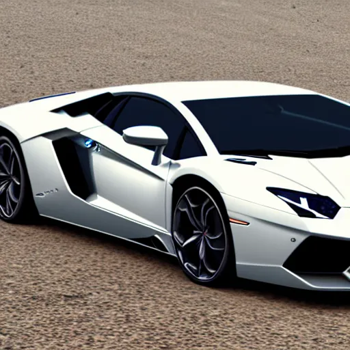 Image similar to A beautiful silver Lamborghini aventador on the beach, 8k, ray tracing