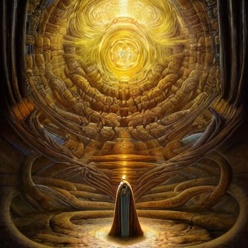 Image similar to The portal priestess by Tomasz Alen Kopera and Salvador Dali and moebius, impressive perspective, masterpiece, 8k, dynamic lighting, Highly Detailed, trending on artstation