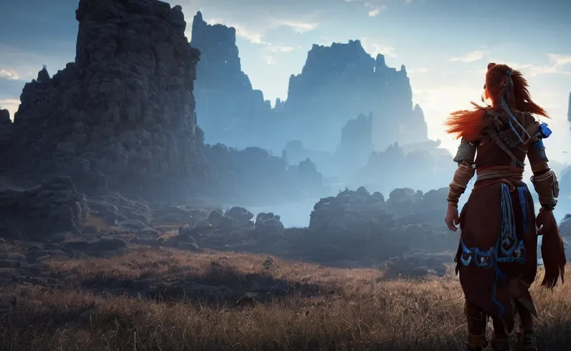 Image similar to unreal engine 5 render of aloy!, beautiful woman, space marine!, standing atop rise, sunset lighting, war silhouette in background hyper realism, realistic shading, cinematic composition, blender render, octane render, hdr, detailed textures, photorealistic, ultrawide shot, 1 6 mm lens