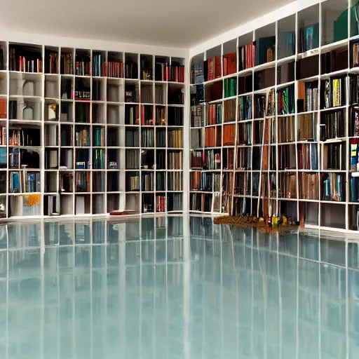 Prompt: empty hall converted with pool tiles, shelves filled with books and water canals, trending on artstation