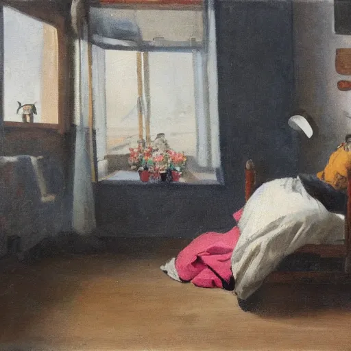 Image similar to an ai watches the last human die peacefully in bed painted in the style of Nicolaes Tulp