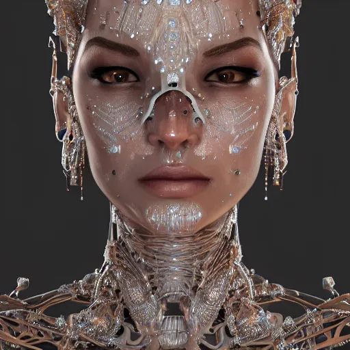 Image similar to full body detailed, ethereal, biomechanical, covered in diamonds and other gems glowing, highly detailed face, elegant posed, intricate, extremy detailed, beeple, cgsociety, 3 d unreal engine octane render. cinematic lighting, highly detailed 4 k art