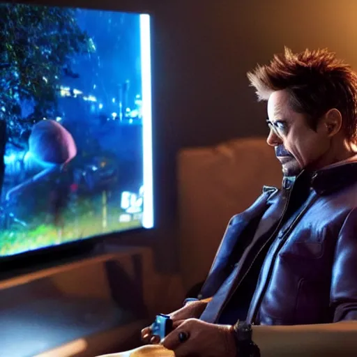 Prompt: robert downey jr. playing a game on his playstation 5 during a stormy night, photorealistic, cinematic lighting, highly detailed