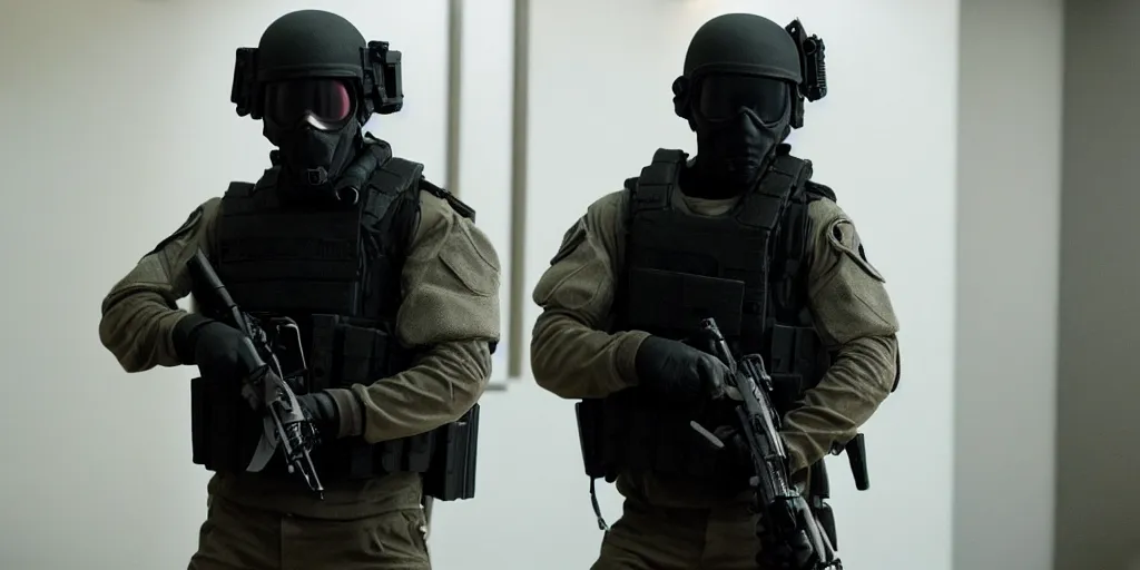 Image similar to vfx film, swat team squad crew, breach and clear, gang house, flat color profile low - key lighting award winning photography arri alexa cinematography, cinematic beautiful natural skin, famous face, atmospheric cool color - grade