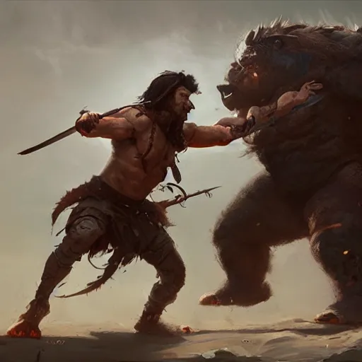 Image similar to a warrior fighting a troll, greg rutkowski