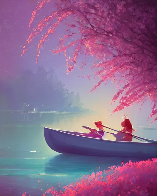 Prompt: a couple in a rowboat traveling down the river | cherry - blossoms | highly detailed | very intricate | serene romantic fantasy whimsical magical | soft bright natural morning light | pixar | award - winning | matte painting by anton fadeev and paul lehr and rhads and alena aenami | pastel color palette | featured on artstation