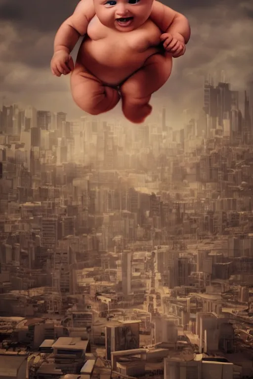 Image similar to evil human giant baby in huggies, grows up to the sky, against the backdrop of destroyed high - rise building, hauntingly surreal, horror, 3 d, 8 k, render, art by fred eric heyman