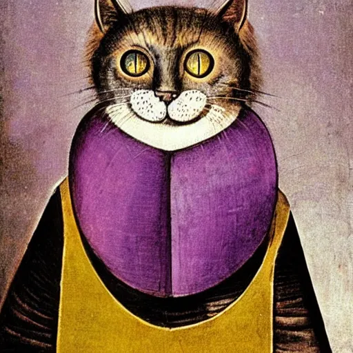 Prompt: stunning portrait of the cat of cheshire bosch with pink and purple stripes and a sadistic smile by hieronymus bosch