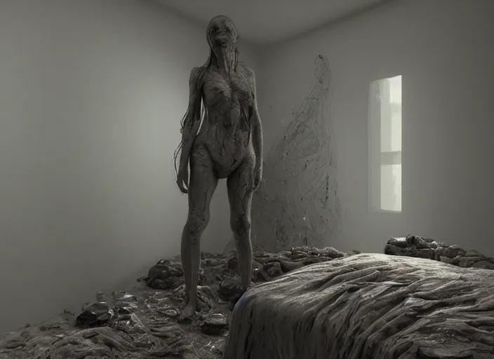 Prompt: rgb, woman, bedroom full of rocks, cinematic, movie scene, inspired by zdzislaw beksinski, clothes made out of veins,, cables everywhere, bedroom, ultra realistic, concept art, intricate details, highly detailed, photorealistic, octane render, 8 k