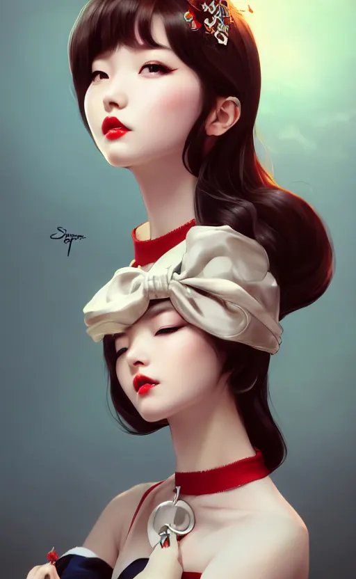 Image similar to a pin up and beautiful fashion charming dreamlke korea girl with lv jewelry, character art, art by artgerm lau and kyoung hwan kim and and ilya kuvshinov and john singer sargent, hyperdetailed, 8 k realistic, symmetrical, frostbite 3 engine, cryengine, dof, trending on artstation, digital art