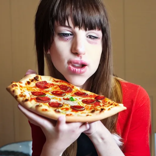 Prompt: emo girl eating pizza and cheerios for lunch