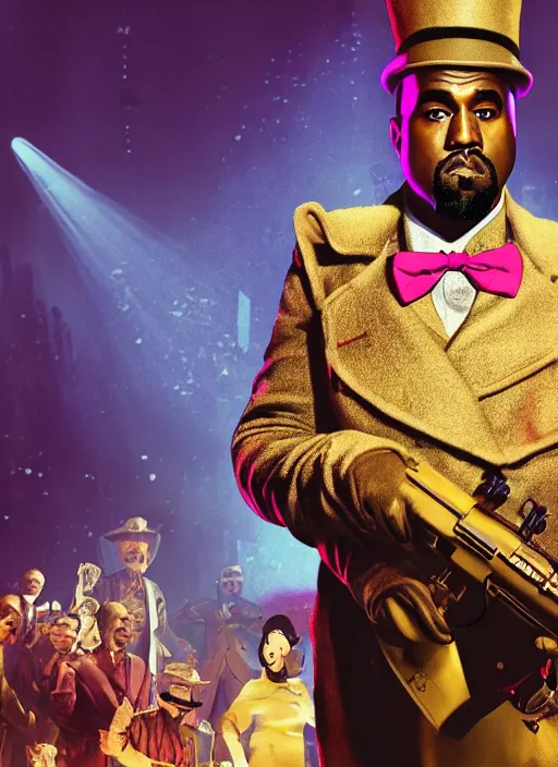 Image similar to Kanye West as willy wonka in fallout new vegas, splash art, movie still, cinematic lighting, dramatic, octane render, long lens, shallow depth of field, bokeh, anamorphic lens flare, 8k, hyper detailed, 35mm film grain