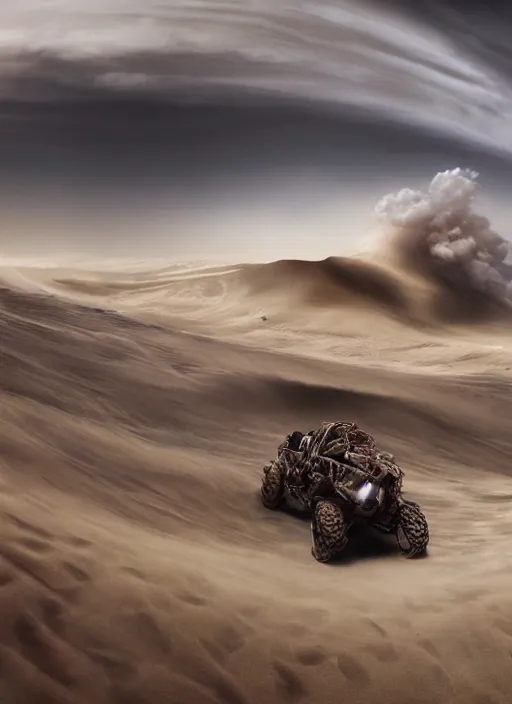 Image similar to 3 speeding quads on a dune in the desert in front of a huge stormcloud made of electric waste on the horizont , dust in the air, dark sun, concept art, dystopic, unreal, cineastic