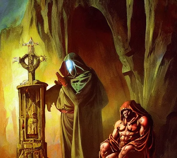 Image similar to robed cyberpunk cultist worshipping at an altar of an ancient god by frank frazetta and bosch, colorful digital art, serious painting, very detailed