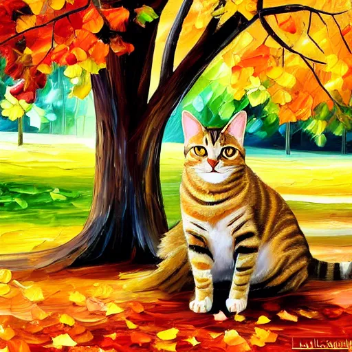 Prompt: tabby cat sitting under beautiful fall trees, detailed painting in the style of leonid afremov 4 k