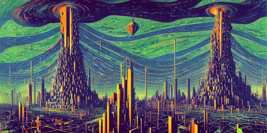 Image similar to Crystal Tower by Simon Stålenhag and Umberto Boccioni, oil on canvas