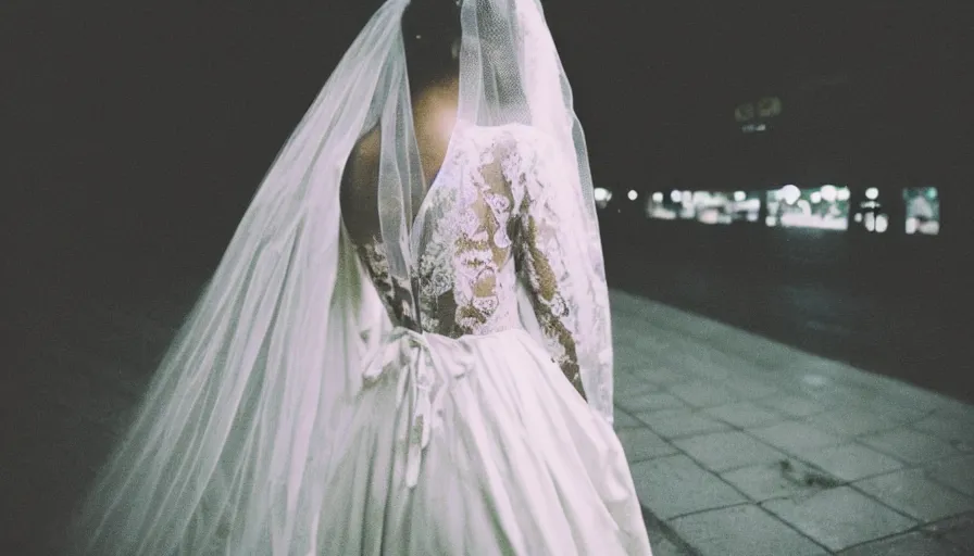 Prompt: analog photograph of beautiful woman from the back, wearing a long flowing trumpet style lace wedding dress and veil in a train - station platform at night, by mark owen. pastel colours. bokeh. cinematic. hq. detailed. contrast. cinestill 8 0 0 t