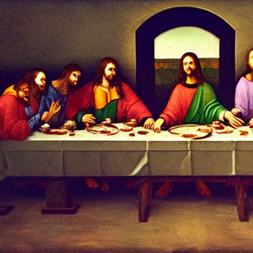 Prompt: eating pizza at the last supper