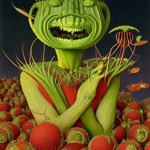 Image similar to Portrait of a Venus Flytrap Gentleman Venus Flytrap disguised as a human standing atop a red clay pot octavio ocampo jacek yerka winslow homer norman rockwell inio asano noctograph