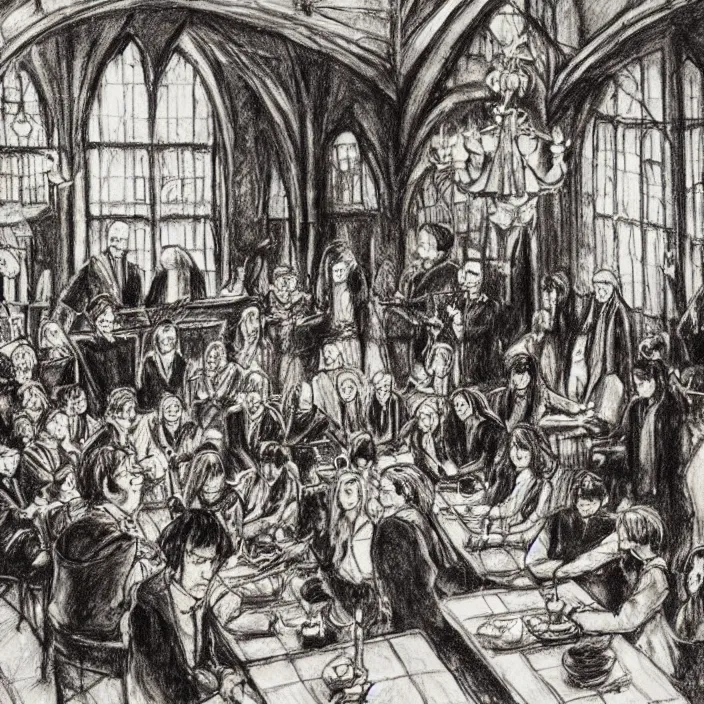 Image similar to Harry Potter in the Hogwarts common room, drawn by Mikhail Vrubel