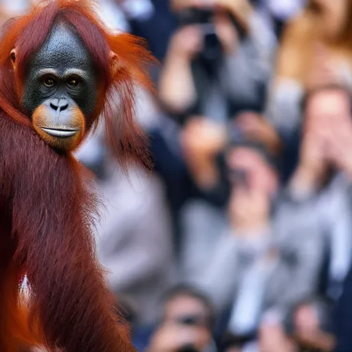 Prompt: An orangutan wearing a navy designer dress attending the Met Gala, hyperdetailed, photorealistic, high fashion