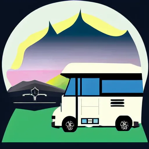 Image similar to minimal professional vector art featuring a white and black cute thor chateau! motorhome camper!!, highway, mountains and sunset!!, very happy, professional colorful simple vector art