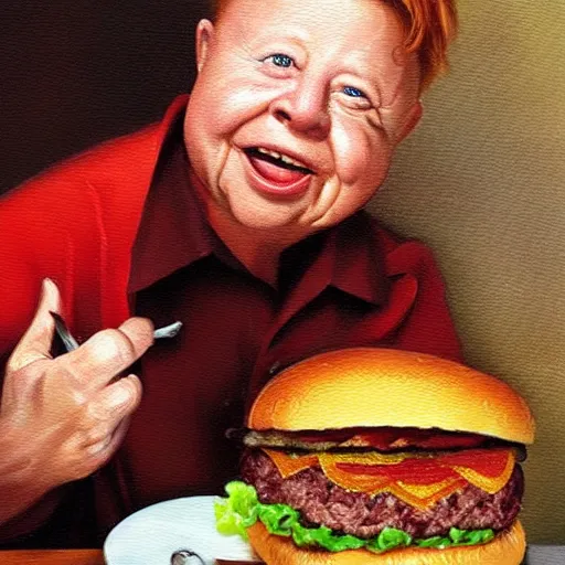 Prompt: portrait of mickey rooney eating giant hamburgers, extra bacon lettuce and tomatoes, an oil painting by ross tran and thomas kincade