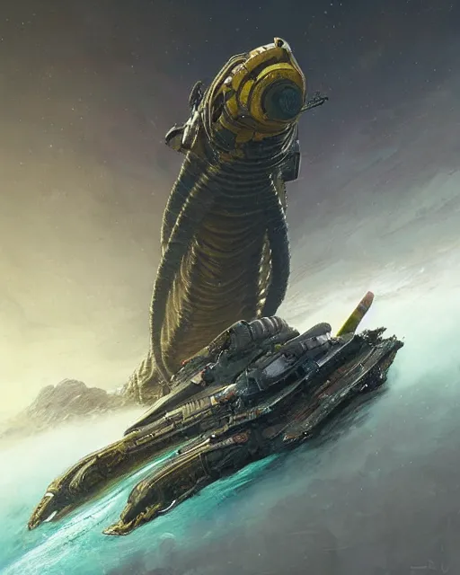 Image similar to a highly detailed epic cinematic concept art CG render digital painting artwork: Elite Dangerous Anaconda Ship. By Greg Rutkowski, in the style of Francis Bacon and Syd Mead and Norman Rockwell and Beksinski, open ceiling, highly detailed, painted by Francis Bacon and Edward Hopper, painted by James Gilleard, surrealism, airbrush, Ilya Kuvshinov, WLOP, Stanley Artgerm, very coherent, triadic color scheme, art by Takato Yamamoto and James Jean