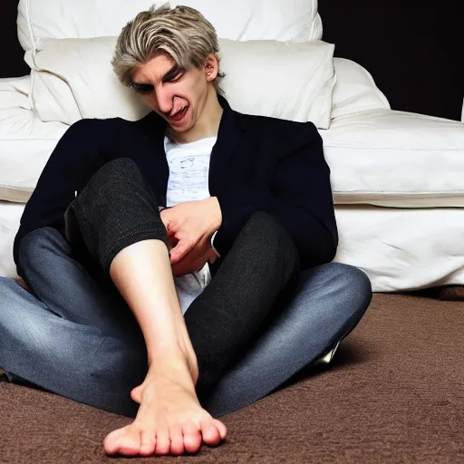 Prompt: xqc chewing on his own toes, high res photograph,