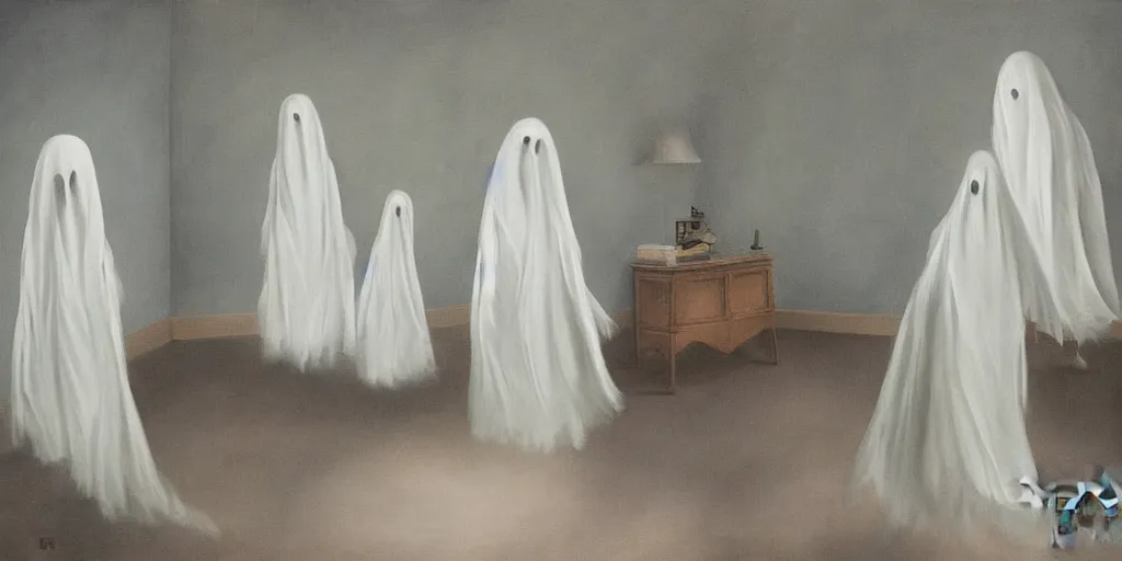 Image similar to surreal painting of ghosts in a room