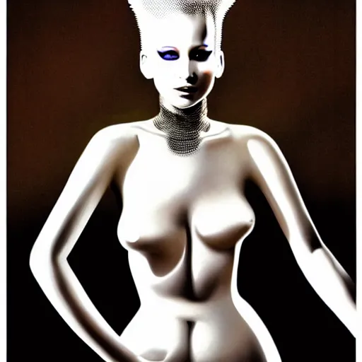 Prompt: supermodel jennifer lawrence as the bride of frankenstein, hajime sorayama, relistic, fashion pohotography